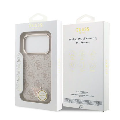 Apple iPhone 17 Pro Kılıf Guess Orjinal Lisanslı M-safe Şarj Özellikli Gold Metal Kamera Çerçeveli Taşlı Üçgen Logo 4G Desenli Kapak Pembe