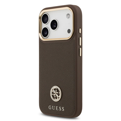 Apple iPhone 17 Pro Kılıf Guess Orjinal Lisanslı M-safe Şarj Özellikli Grained Yazı ve Taşlı 4G Logolu Kapak Kahverengi