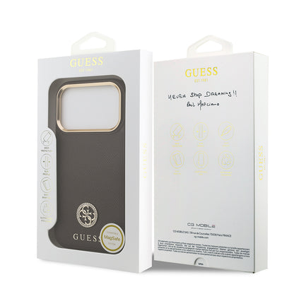 Apple iPhone 17 Pro Kılıf Guess Orjinal Lisanslı M-safe Şarj Özellikli Grained Yazı ve Taşlı 4G Logolu Kapak Bej