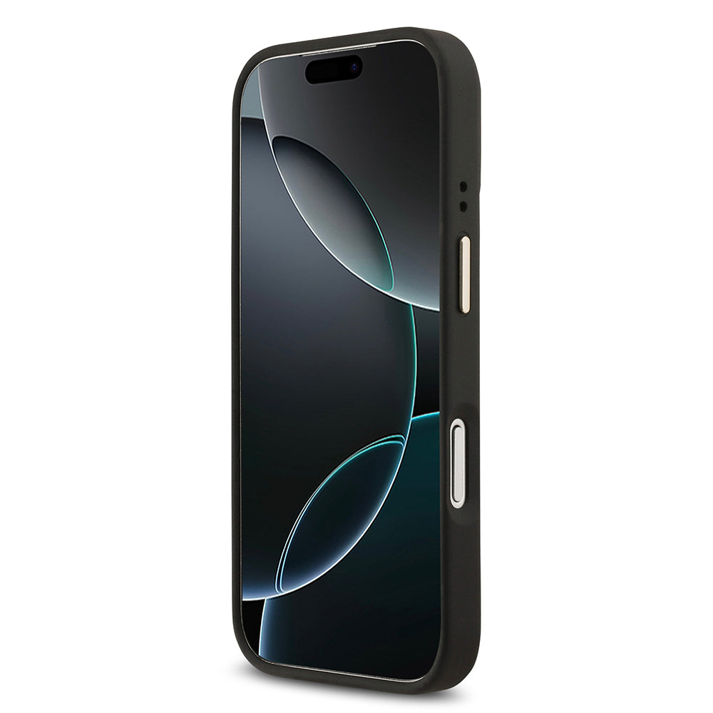 Apple iPhone 17 Pro Kılıf Guess Orjinal Lisanslı M-safe Şarj Özellikli Grained Yazı ve Taşlı 4G Logolu Kapak Kahverengi