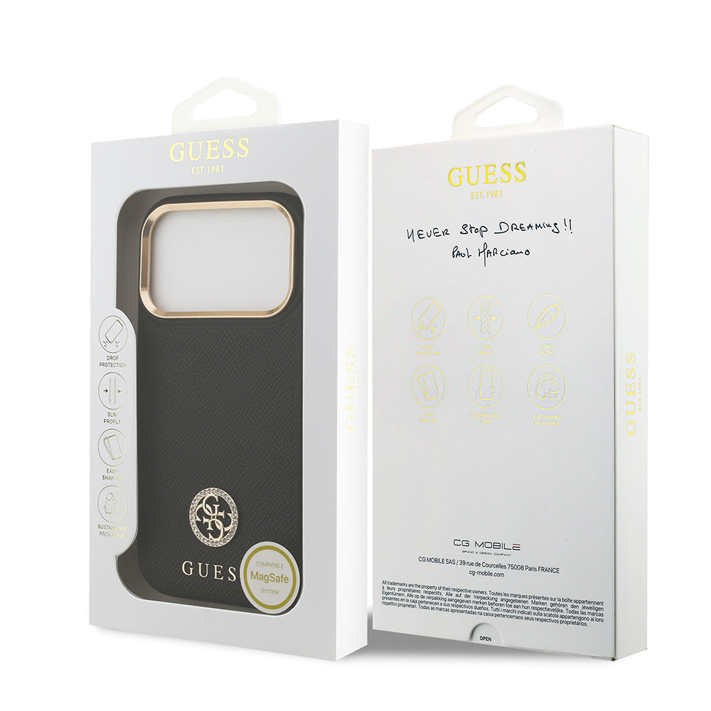 Apple iPhone 17 Pro Kılıf Guess Orjinal Lisanslı M-safe Şarj Özellikli Grained Yazı ve Taşlı 4G Logolu Kapak Siyah