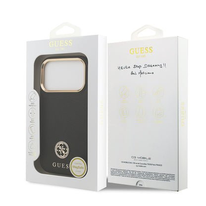 Apple iPhone 17 Pro Kılıf Guess Orjinal Lisanslı M-safe Şarj Özellikli Grained Yazı ve Taşlı 4G Logolu Kapak Siyah