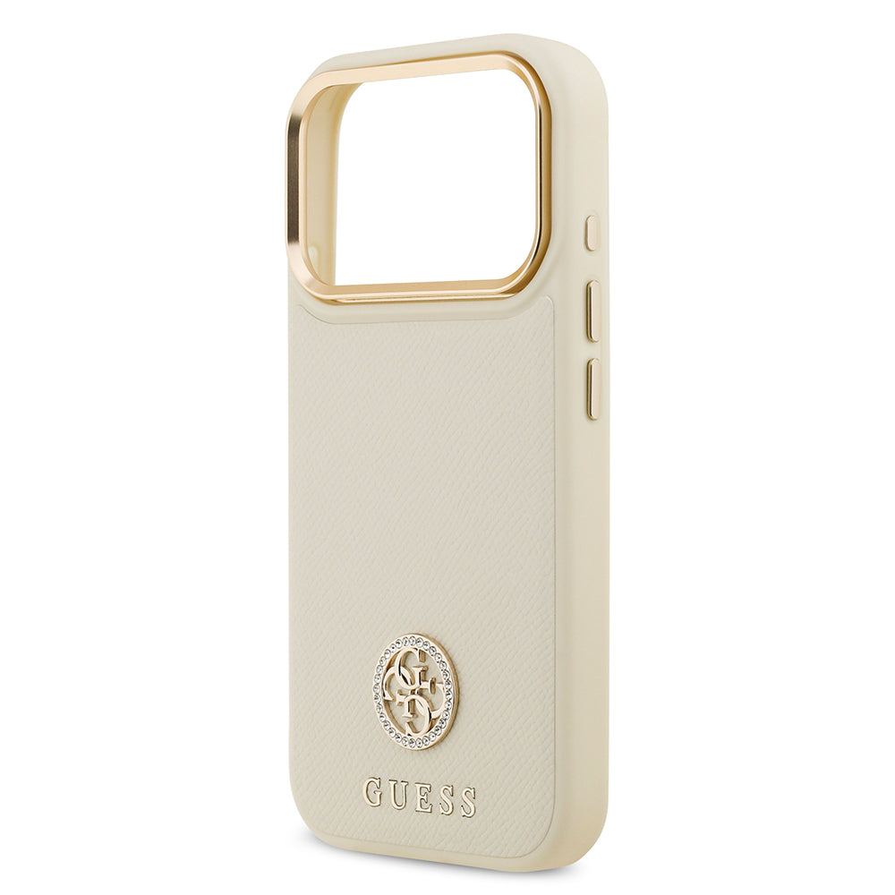 Apple iPhone 17 Pro Kılıf Guess Orjinal Lisanslı M-safe Şarj Özellikli Grained Yazı ve Taşlı 4G Logolu Kapak Kahverengi