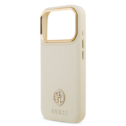 Apple iPhone 17 Pro Kılıf Guess Orjinal Lisanslı M-safe Şarj Özellikli Grained Yazı ve Taşlı 4G Logolu Kapak Kahverengi