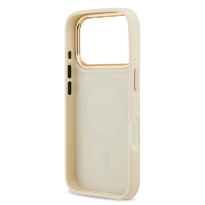 Apple iPhone 17 Pro Kılıf Guess Orjinal Lisanslı M-safe Şarj Özellikli Grained Yazı ve Taşlı 4G Logolu Kapak Kahverengi