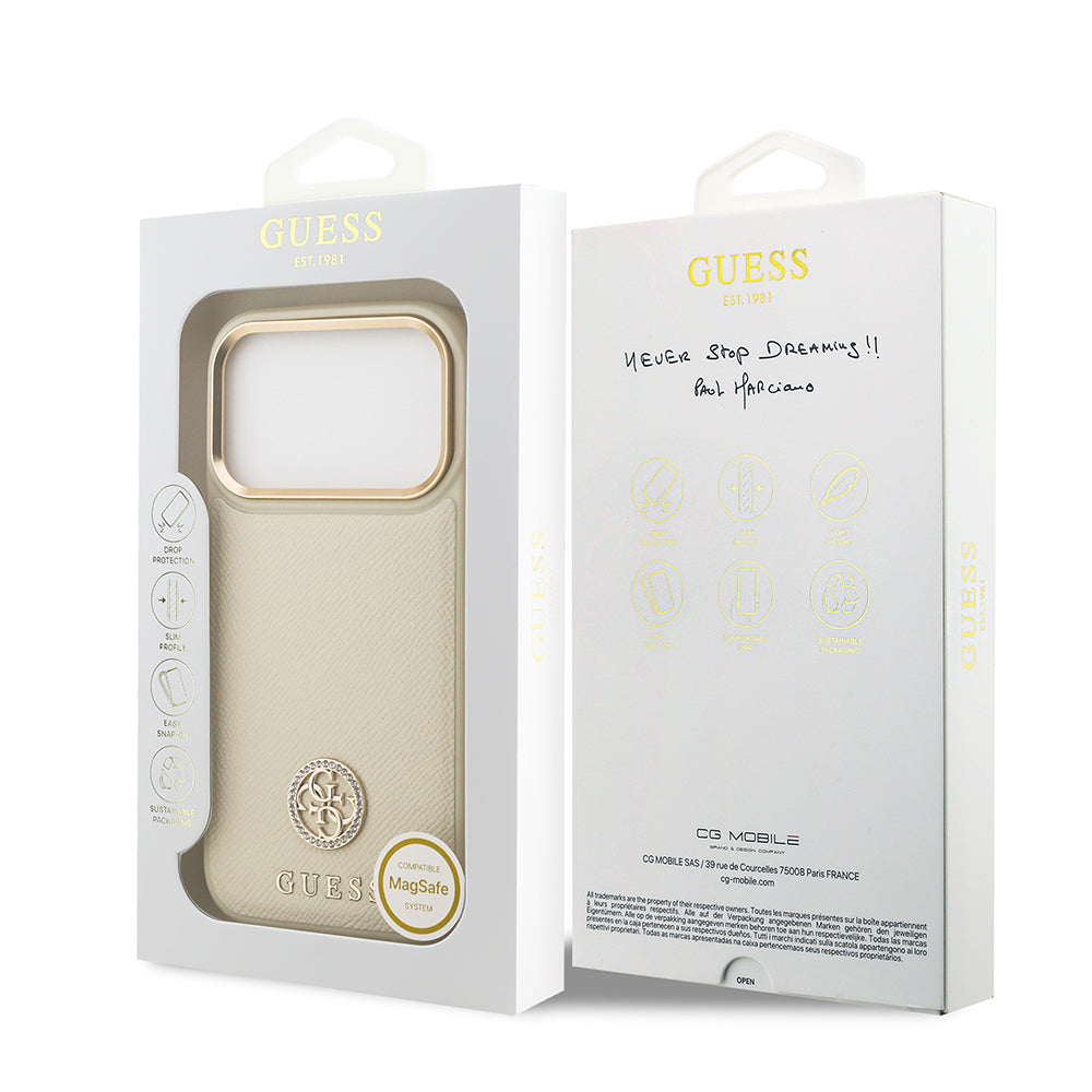 Apple iPhone 17 Pro Kılıf Guess Orjinal Lisanslı M-safe Şarj Özellikli Grained Yazı ve Taşlı 4G Logolu Kapak Kahverengi