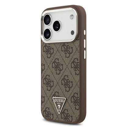 Apple iPhone 17 Pro Kılıf Guess Orjinal Lisanslı M-safe Şarj Özellikli Gümüş Metal Kamera Çerçeveli Üçgen Logo 4G Desenli Kapak Kahverengi