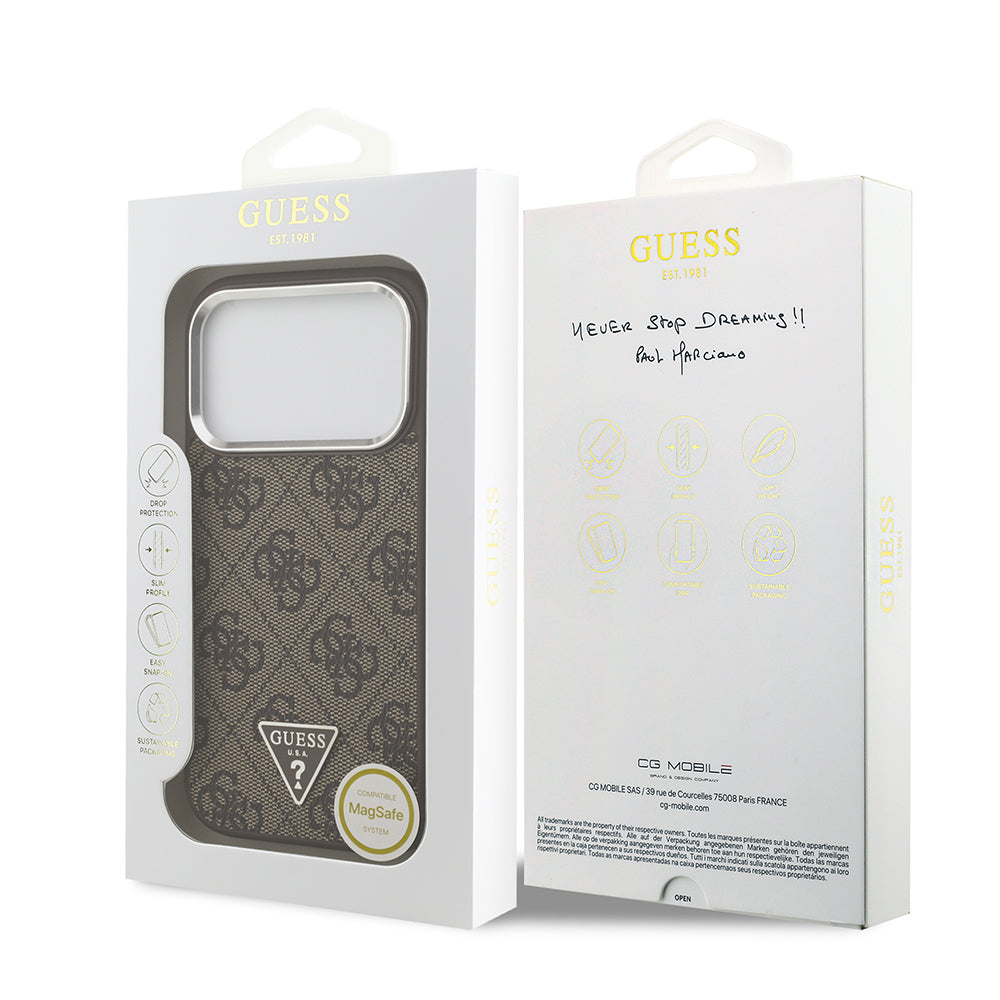 Apple iPhone 17 Pro Kılıf Guess Orjinal Lisanslı M-safe Şarj Özellikli Gümüş Metal Kamera Çerçeveli Üçgen Logo 4G Desenli Kapak Kahverengi