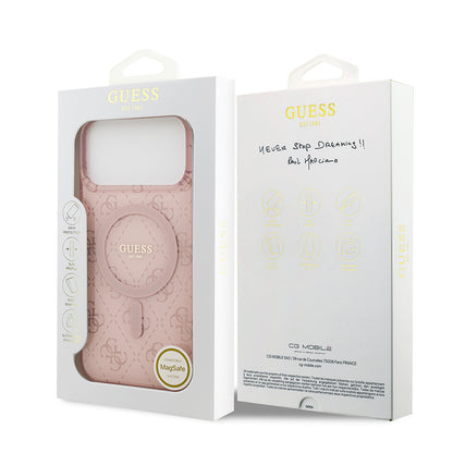 Apple iPhone 17 Pro Kılıf Guess Orjinal Lisanslı M-safe Şarj Özellikli IML Baskılı Klasik Logolu 4G Desenli Kapak Pembe