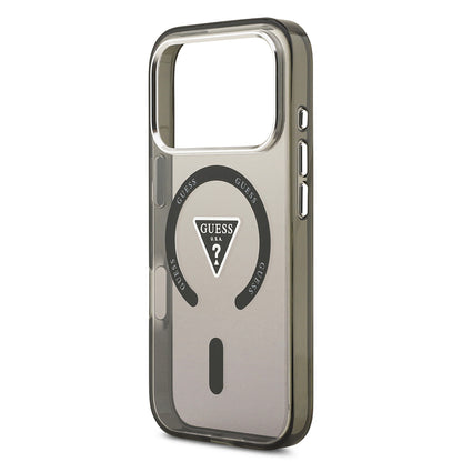 Apple iPhone 17 Pro Kılıf Guess Orjinal Lisanslı M-safe Şarj Özellikli IML Baskılı Üçgen Logolu Metal Kamera Çerçeveli Kapak Şeffaf