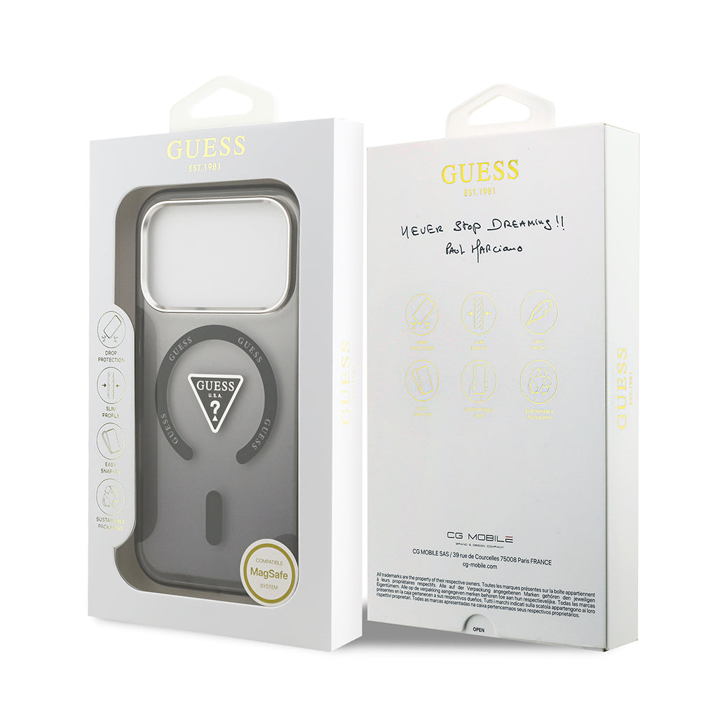 Apple iPhone 17 Pro Kılıf Guess Orjinal Lisanslı M-safe Şarj Özellikli IML Baskılı Üçgen Logolu Metal Kamera Çerçeveli Kapak Şeffaf