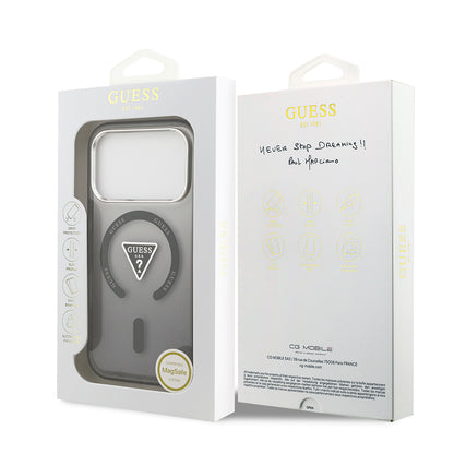 Apple iPhone 17 Pro Kılıf Guess Orjinal Lisanslı M-safe Şarj Özellikli IML Baskılı Üçgen Logolu Metal Kamera Çerçeveli Kapak Şeffaf