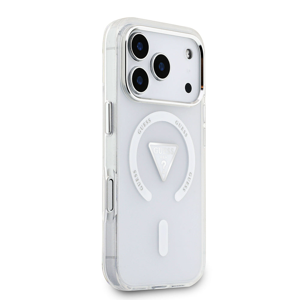 Apple iPhone 17 Pro Kılıf Guess Orjinal Lisanslı M-safe Şarj Özellikli IML Baskılı Üçgen Logolu Metal Kamera Çerçeveli Kapak Şeffaf