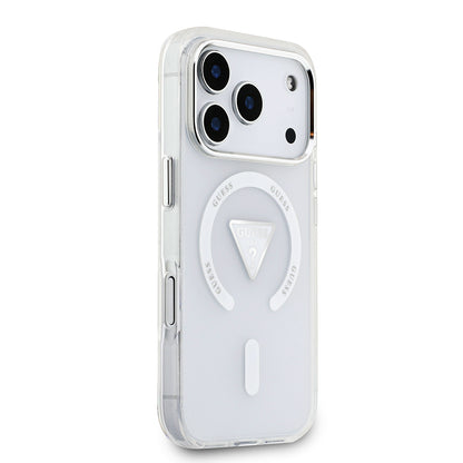 Apple iPhone 17 Pro Kılıf Guess Orjinal Lisanslı M-safe Şarj Özellikli IML Baskılı Üçgen Logolu Metal Kamera Çerçeveli Kapak Şeffaf