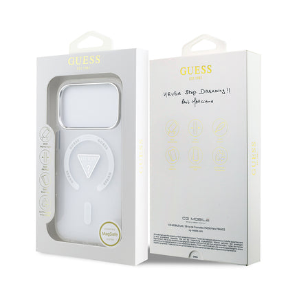 Apple iPhone 17 Pro Kılıf Guess Orjinal Lisanslı M-safe Şarj Özellikli IML Baskılı Üçgen Logolu Metal Kamera Çerçeveli Kapak Şeffaf