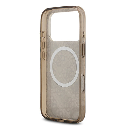 Apple iPhone 17 Pro Kılıf Guess Orjinal Lisanslı M-safe Şarj Özellikli IML Peony ve 4G Desenli Klasik Logolu Kapak Kahverengi