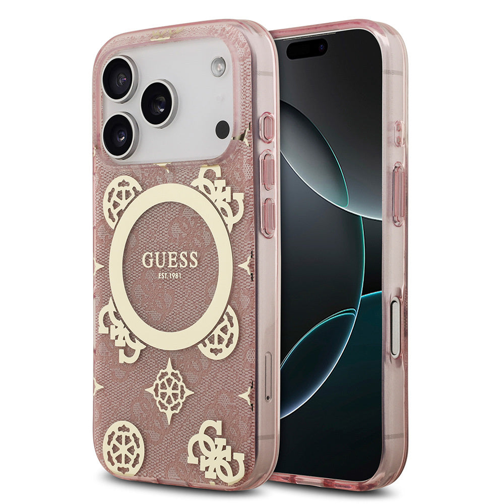 Apple iPhone 17 Pro Kılıf Guess Orjinal Lisanslı M-safe Şarj Özellikli IML Peony ve 4G Desenli Klasik Logolu Kapak Pembe