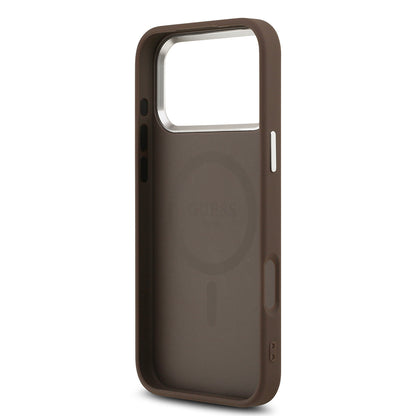 Apple iPhone 17 Pro Kılıf Guess Orjinal Lisanslı M-safe Şarj Özellikli Klasik Yazı Logolu PU Deri Kapak Kahverengi