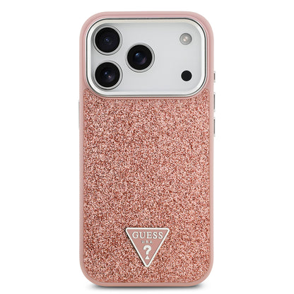 Apple iPhone 17 Pro Kılıf Guess Orjinal Lisanslı M-safe Şarj Özellikli Metal Kamera Çerçeveli Üçgen Logolu Glitter Kapak Pembe