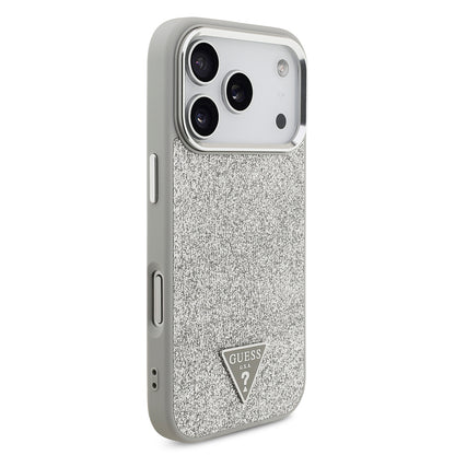 Apple iPhone 17 Pro Kılıf Guess Orjinal Lisanslı M-safe Şarj Özellikli Metal Kamera Çerçeveli Üçgen Logolu Glitter Kapak Siyah