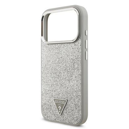 Apple iPhone 17 Pro Kılıf Guess Orjinal Lisanslı M-safe Şarj Özellikli Metal Kamera Çerçeveli Üçgen Logolu Glitter Kapak Gold