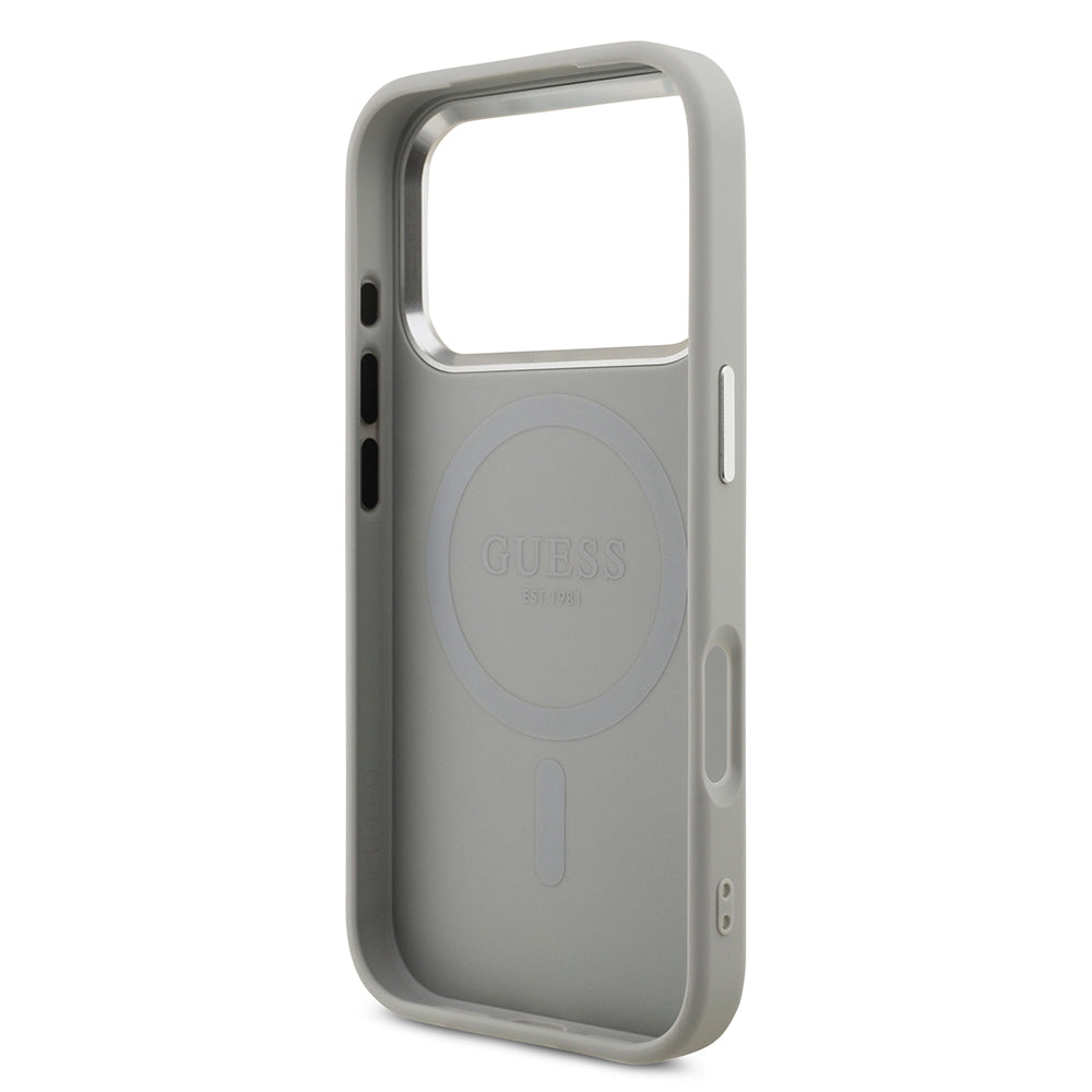 Apple iPhone 17 Pro Kılıf Guess Orjinal Lisanslı M-safe Şarj Özellikli Metal Kamera Çerçeveli Üçgen Logolu Glitter Kapak Gold