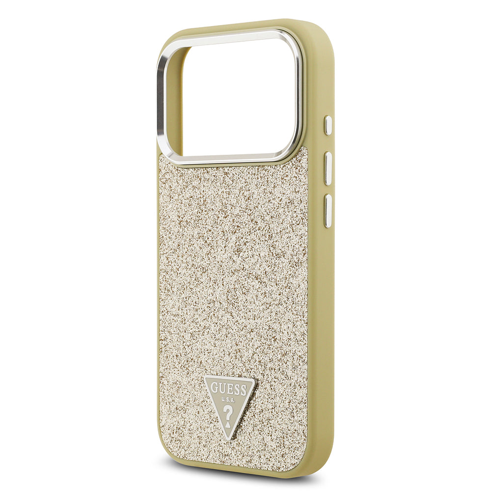 Apple iPhone 17 Pro Kılıf Guess Orjinal Lisanslı M-safe Şarj Özellikli Metal Kamera Çerçeveli Üçgen Logolu Glitter Kapak Gri