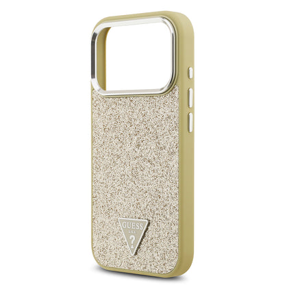 Apple iPhone 17 Pro Kılıf Guess Orjinal Lisanslı M-safe Şarj Özellikli Metal Kamera Çerçeveli Üçgen Logolu Glitter Kapak Gri