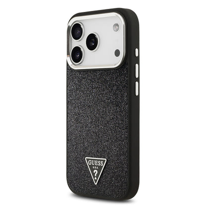 Apple iPhone 17 Pro Kılıf Guess Orjinal Lisanslı M-safe Şarj Özellikli Metal Kamera Çerçeveli Üçgen Logolu Glitter Kapak Pembe