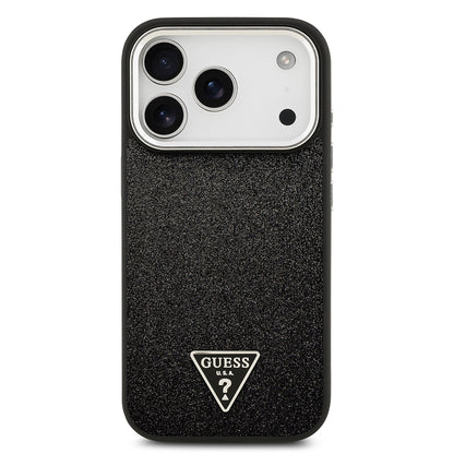 Apple iPhone 17 Pro Kılıf Guess Orjinal Lisanslı M-safe Şarj Özellikli Metal Kamera Çerçeveli Üçgen Logolu Glitter Kapak Siyah