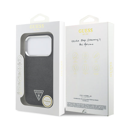 Apple iPhone 17 Pro Kılıf Guess Orjinal Lisanslı M-safe Şarj Özellikli Metal Kamera Çerçeveli Üçgen Logolu Glitter Kapak Siyah