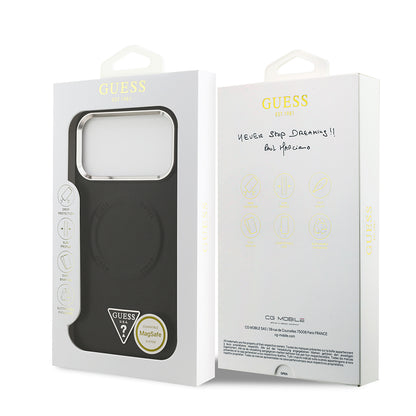 Apple iPhone 17 Pro Kılıf Guess Orjinal Lisanslı M-safe Şarj Özellikli PU Deri Metal Kamera Çerçeveli Üçgen Logolu Kapak Siyah