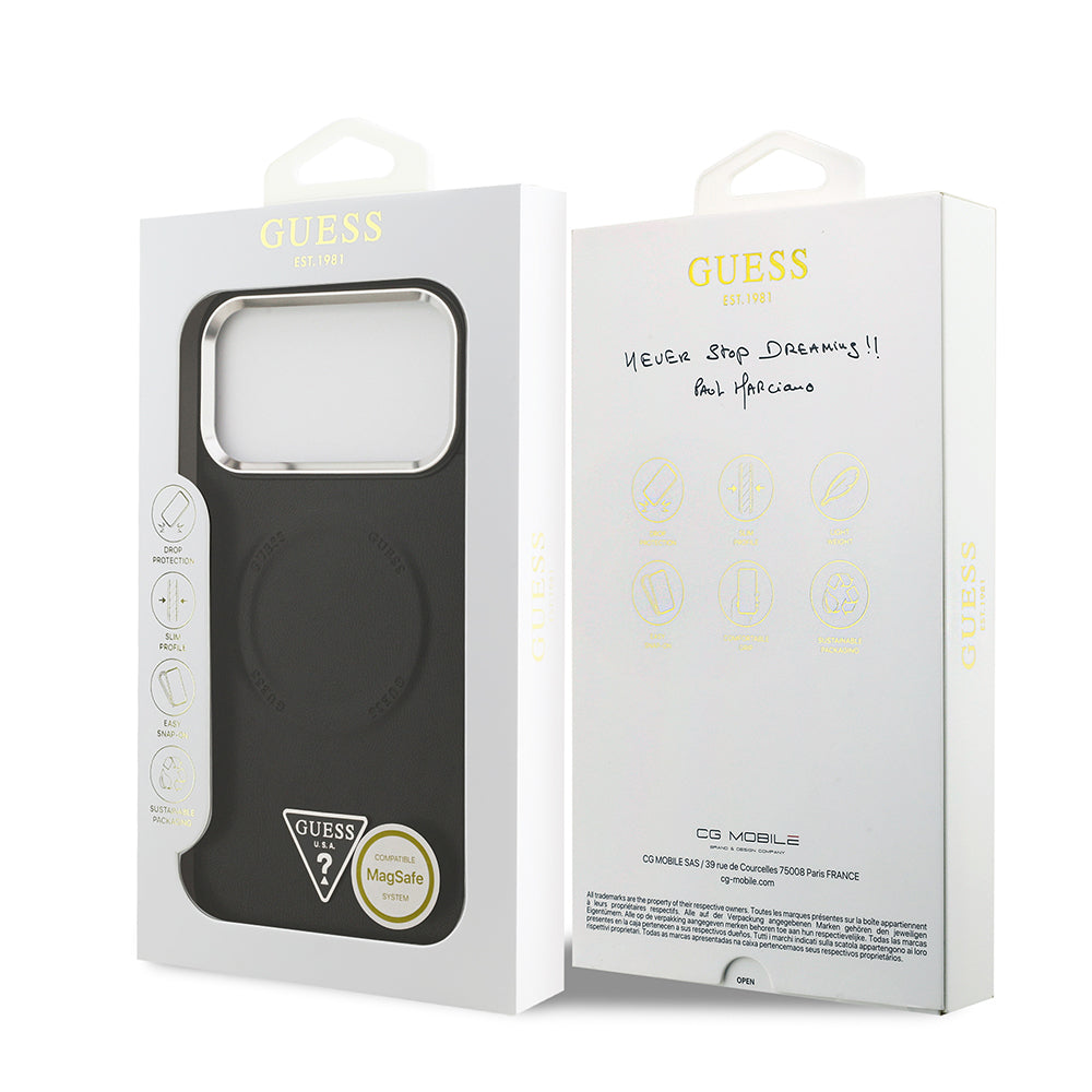 Apple iPhone 17 Pro Kılıf Guess Orjinal Lisanslı M-safe Şarj Özellikli PU Deri Metal Kamera Çerçeveli Üçgen Logolu Kapak Kahverengi