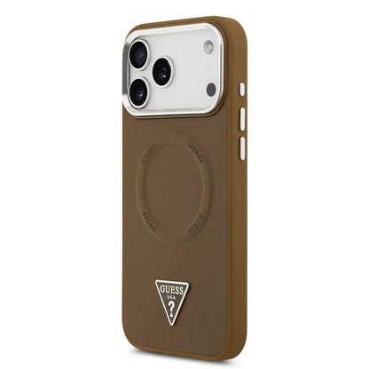 Apple iPhone 17 Pro Kılıf Guess Orjinal Lisanslı M-safe Şarj Özellikli PU Deri Metal Kamera Çerçeveli Üçgen Logolu Kapak Siyah