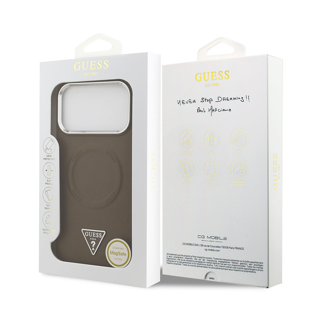 Apple iPhone 17 Pro Kılıf Guess Orjinal Lisanslı M-safe Şarj Özellikli PU Deri Metal Kamera Çerçeveli Üçgen Logolu Kapak Siyah