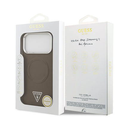 Apple iPhone 17 Pro Kılıf Guess Orjinal Lisanslı M-safe Şarj Özellikli PU Deri Metal Kamera Çerçeveli Üçgen Logolu Kapak Siyah