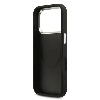 Apple iPhone 17 Pro Kılıf Guess Orjinal Lisanslı M-safe Şarj Özellikli Sıcak Baskılı Klasik Yazı Logolu PU Deri Peony Kapak Siyah