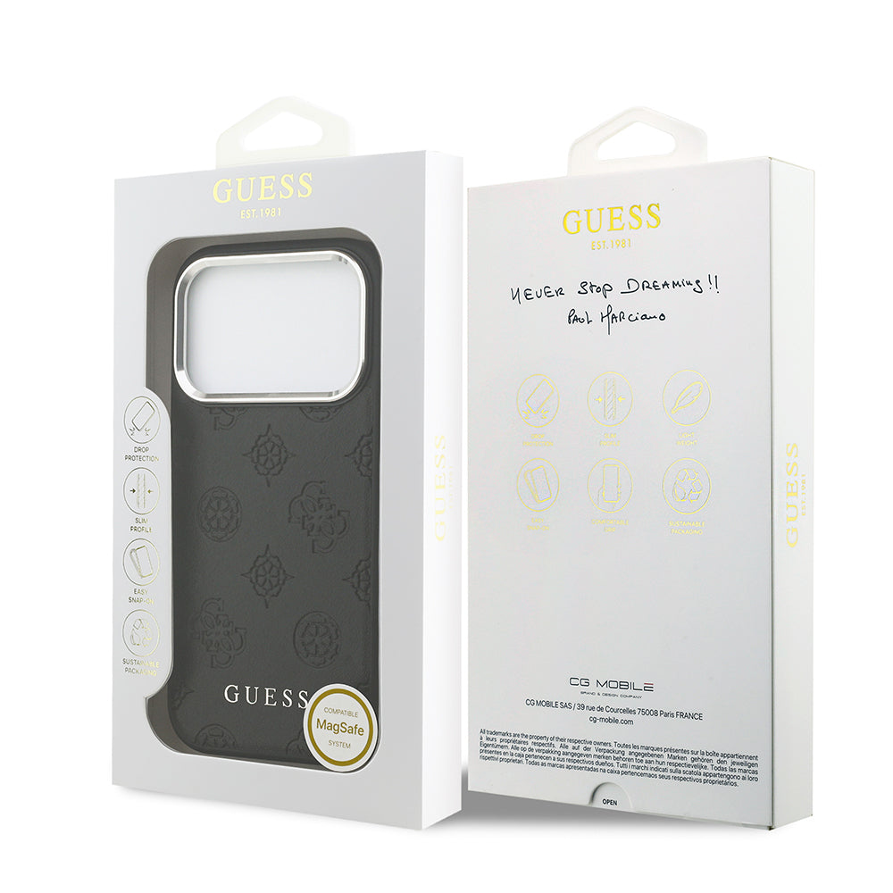 Apple iPhone 17 Pro Kılıf Guess Orjinal Lisanslı M-safe Şarj Özellikli Sıcak Baskılı Klasik Yazı Logolu PU Deri Peony Kapak Bej