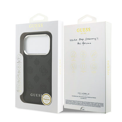 Apple iPhone 17 Pro Kılıf Guess Orjinal Lisanslı M-safe Şarj Özellikli Sıcak Baskılı Klasik Yazı Logolu PU Deri Peony Kapak Siyah