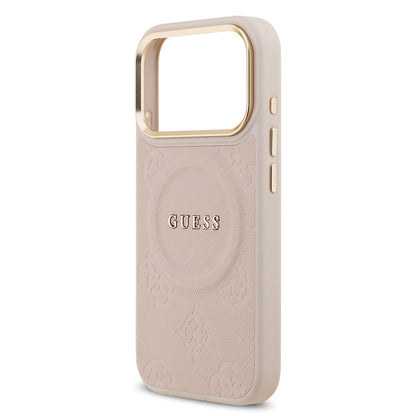 Apple iPhone 17 Pro Kılıf Guess Orjinal Lisanslı M-safe Şarj Özellikli Sıcak Baskılı Yazı Logolu PU Deri Peony Kapak Pembe