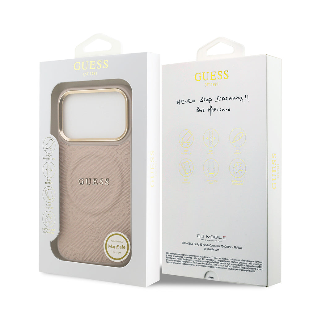 Apple iPhone 17 Pro Kılıf Guess Orjinal Lisanslı M-safe Şarj Özellikli Sıcak Baskılı Yazı Logolu PU Deri Peony Kapak Siyah