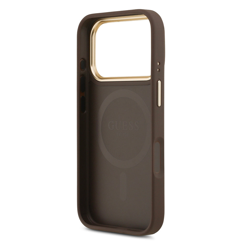 Apple iPhone 17 Pro Kılıf Guess Orjinal Lisanslı M-safe Şarj Özellikli Sıcak Baskılı Yazı Logolu PU Deri Peony Kapak Kahverengi