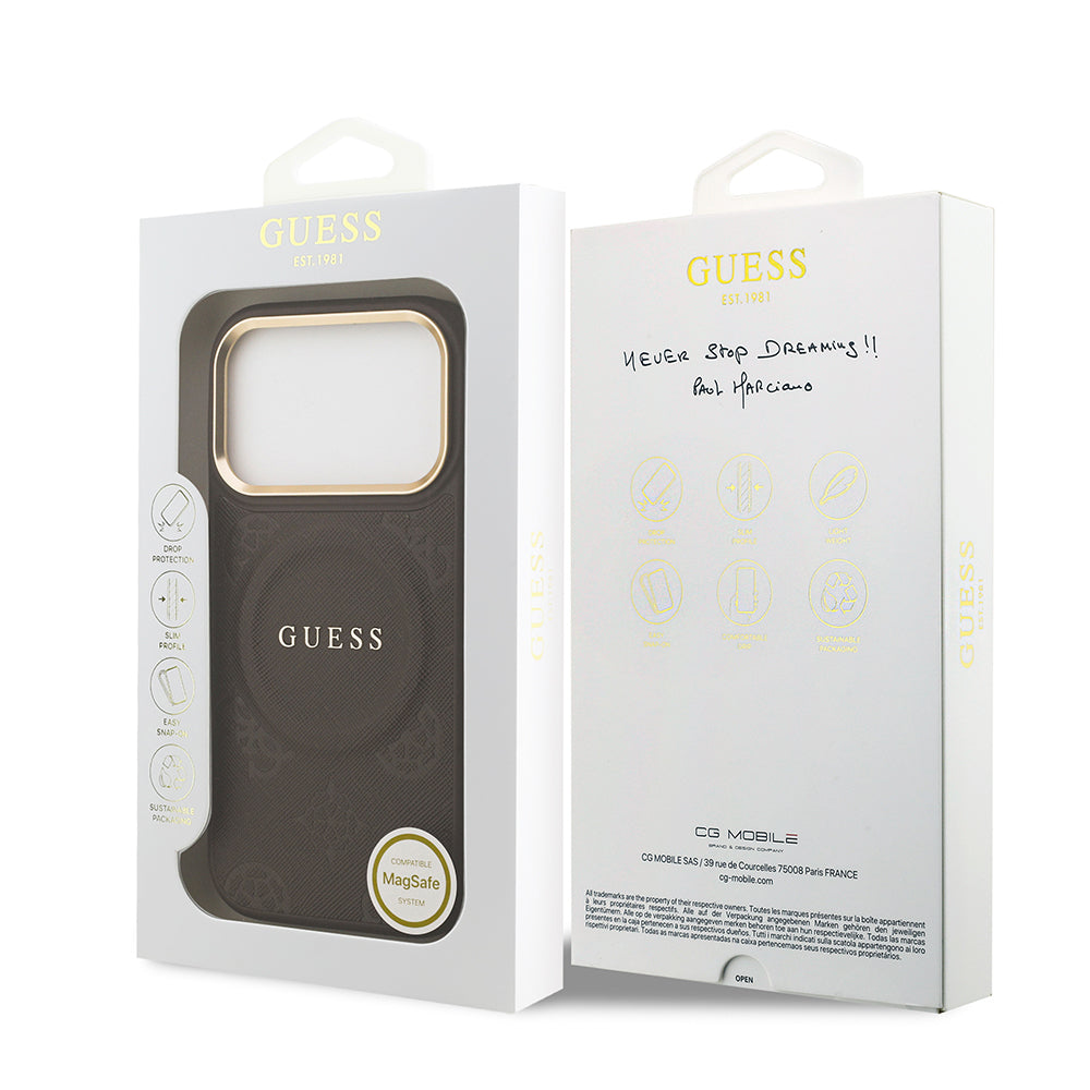 Apple iPhone 17 Pro Kılıf Guess Orjinal Lisanslı M-safe Şarj Özellikli Sıcak Baskılı Yazı Logolu PU Deri Peony Kapak Bej