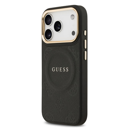 Apple iPhone 17 Pro Kılıf Guess Orjinal Lisanslı M-safe Şarj Özellikli Sıcak Baskılı Yazı Logolu PU Deri Peony Kapak Siyah