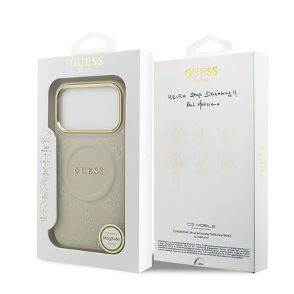 Apple iPhone 17 Pro Kılıf Guess Orjinal Lisanslı M-safe Şarj Özellikli Sıcak Baskılı Yazı Logolu PU Deri Peony Kapak Pembe