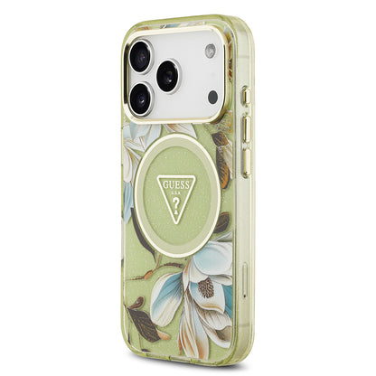 Apple iPhone 17 Pro Kılıf Guess Orjinal Lisanslı M-safe Şarj Özellikli Simli Çiçek Desenli Metal Kamera Çerçeveli Üçgen Logolu Kapak Beyaz