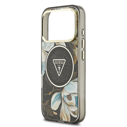Apple iPhone 17 Pro Kılıf Guess Orjinal Lisanslı M-safe Şarj Özellikli Simli Çiçek Desenli Metal Kamera Çerçeveli Üçgen Logolu Kapak Yeşil