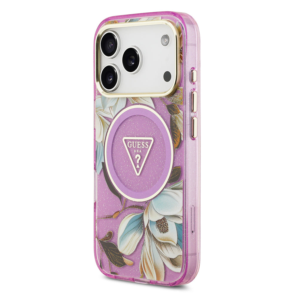 Apple iPhone 17 Pro Kılıf Guess Orjinal Lisanslı M-safe Şarj Özellikli Simli Çiçek Desenli Metal Kamera Çerçeveli Üçgen Logolu Kapak Yeşil