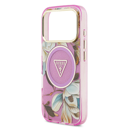 Apple iPhone 17 Pro Kılıf Guess Orjinal Lisanslı M-safe Şarj Özellikli Simli Çiçek Desenli Metal Kamera Çerçeveli Üçgen Logolu Kapak Yeşil