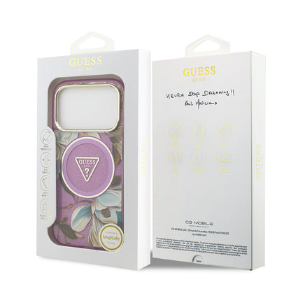 Apple iPhone 17 Pro Kılıf Guess Orjinal Lisanslı M-safe Şarj Özellikli Simli Çiçek Desenli Metal Kamera Çerçeveli Üçgen Logolu Kapak Siyah